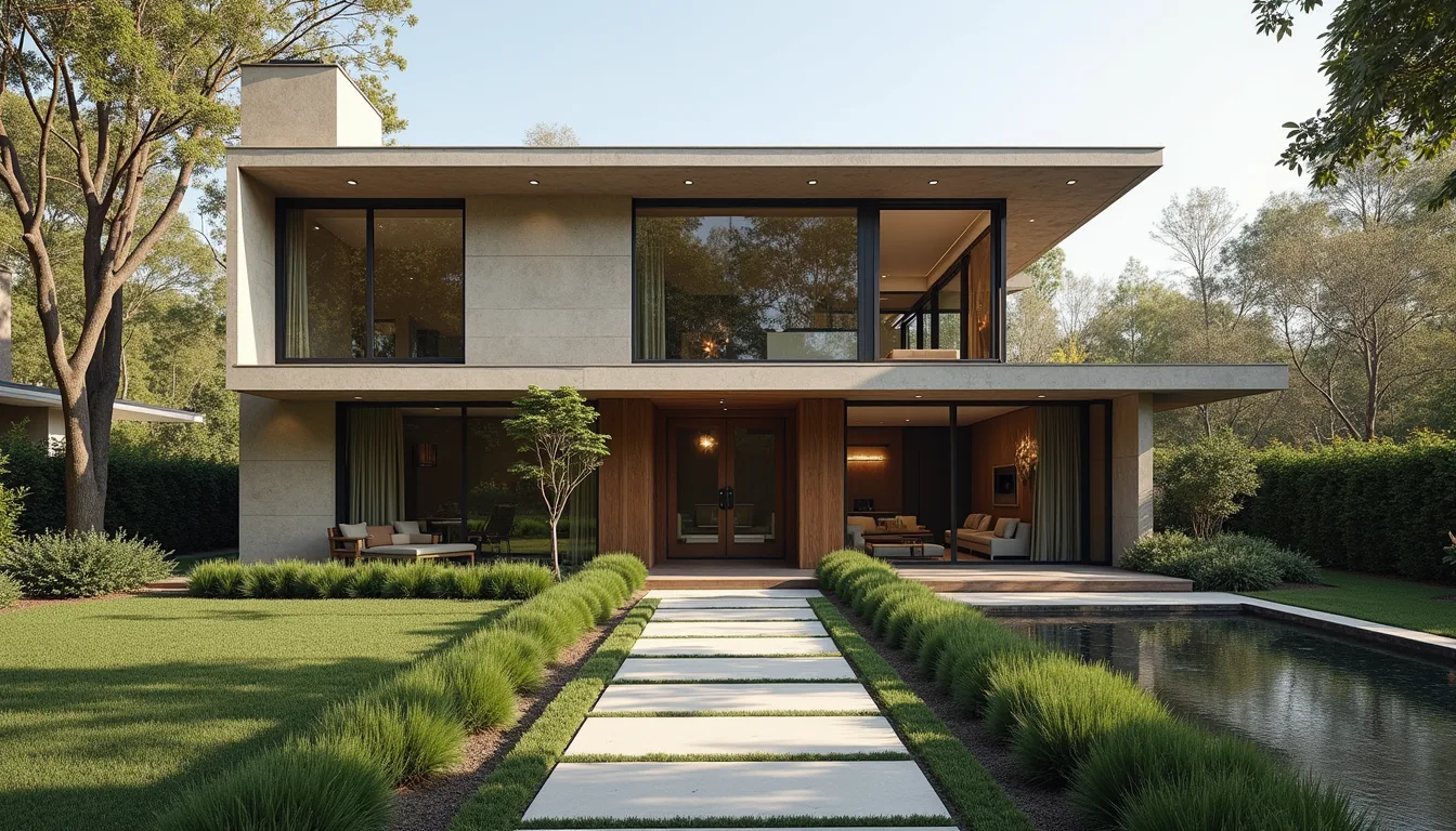 A contemporary limestone house with a reflecting pool and clipped hedges