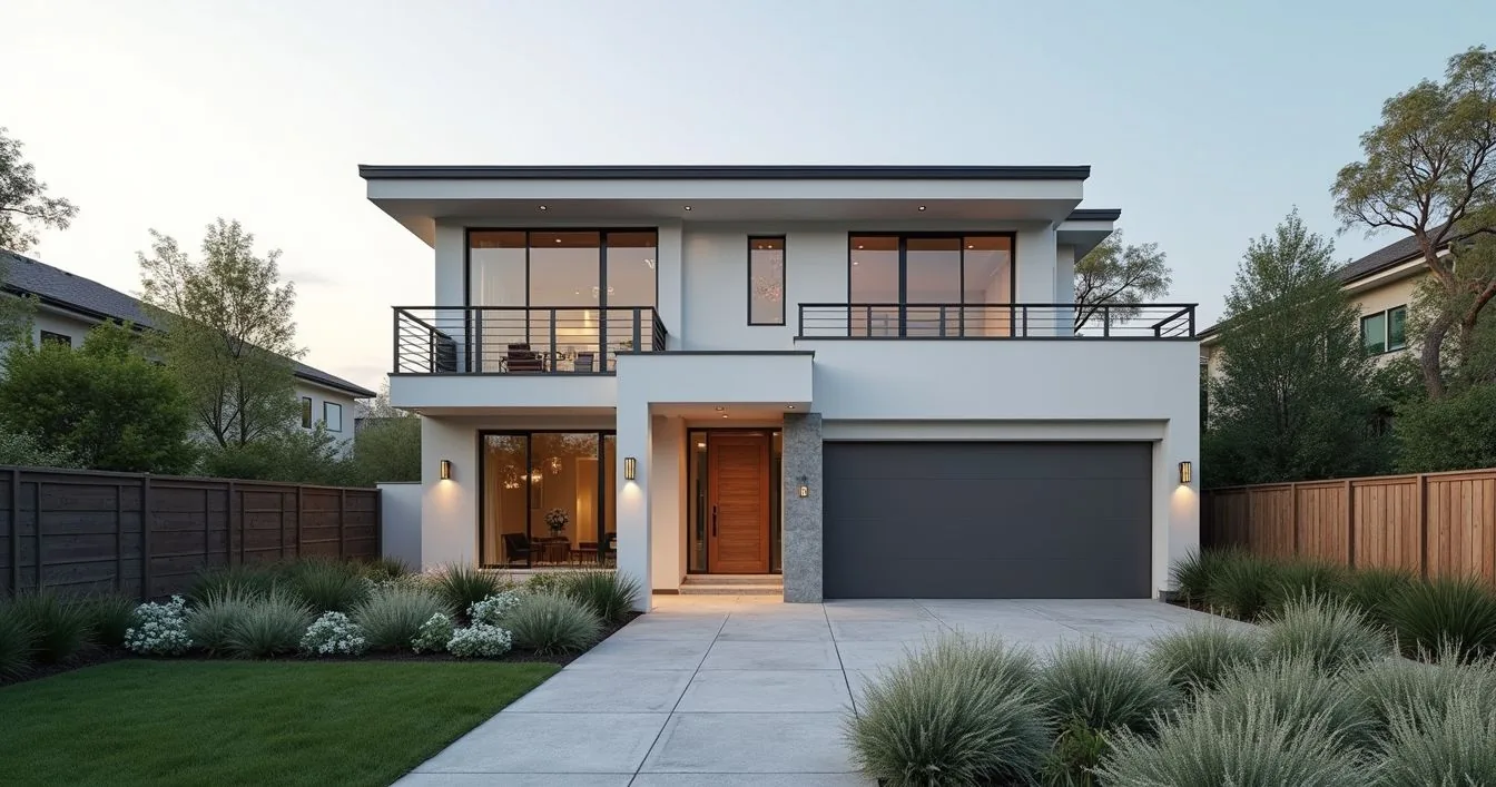 A modern two-story white house with a dark garage door and a landscaped front yard at dusk