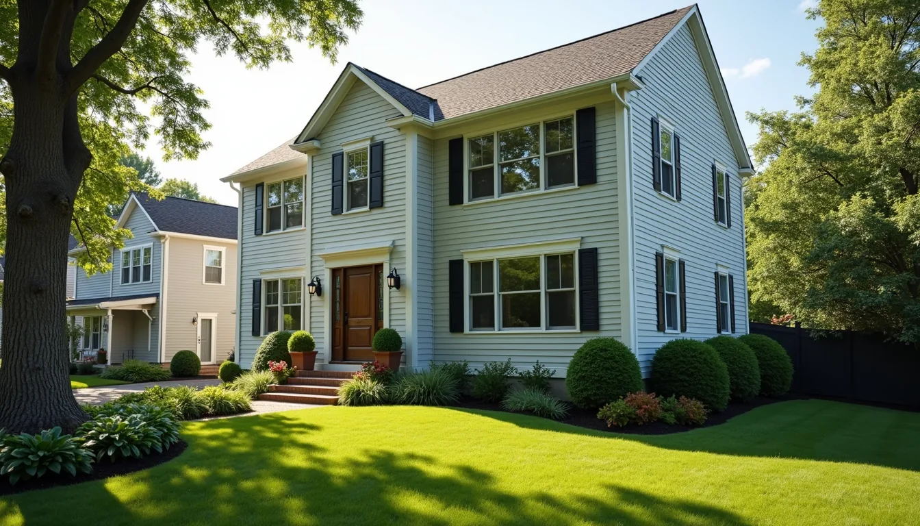 A two-story colonial house with black shutters on a wide lawn under mature trees