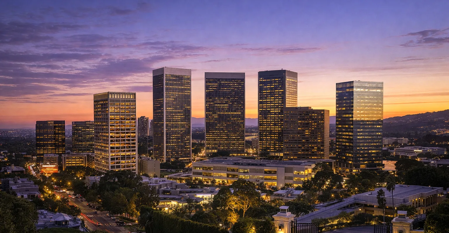 Century City office towers lit at dusk above the Westside