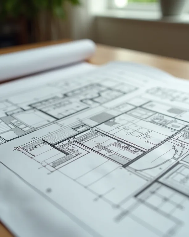 Architectural floor plans spread across a desk