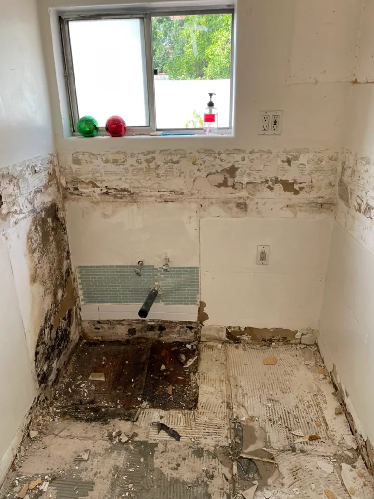 The kitchen sink wall with the cabinets removed, stained along the base, over dark damaged flooring