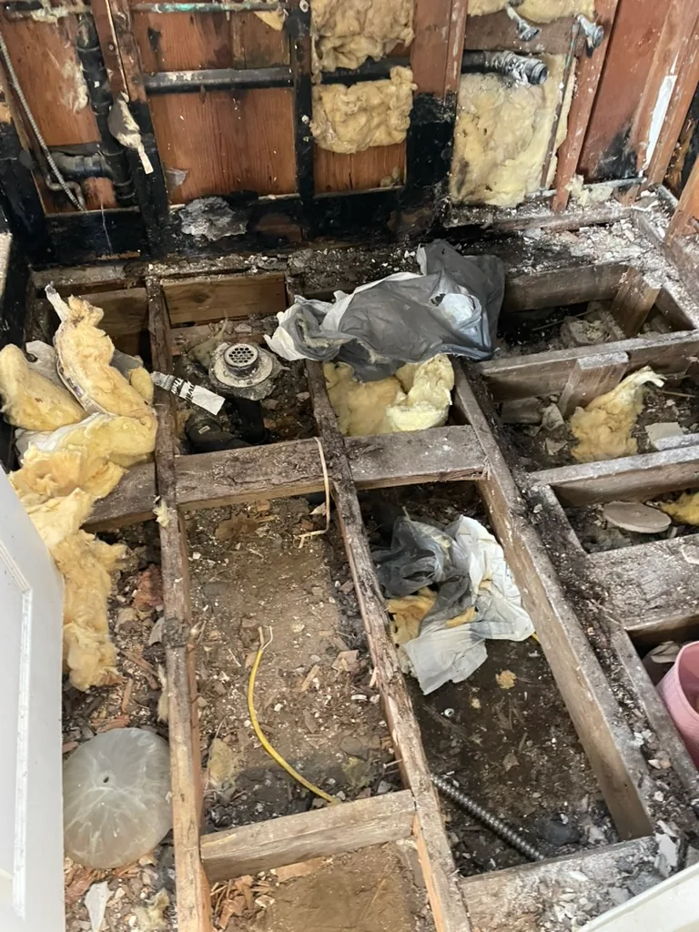 The bathroom floor opened, showing old joists over bare soil and the old drain fittings