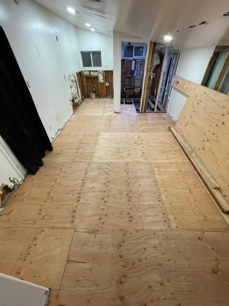 The main room with its new plywood subfloor in place
