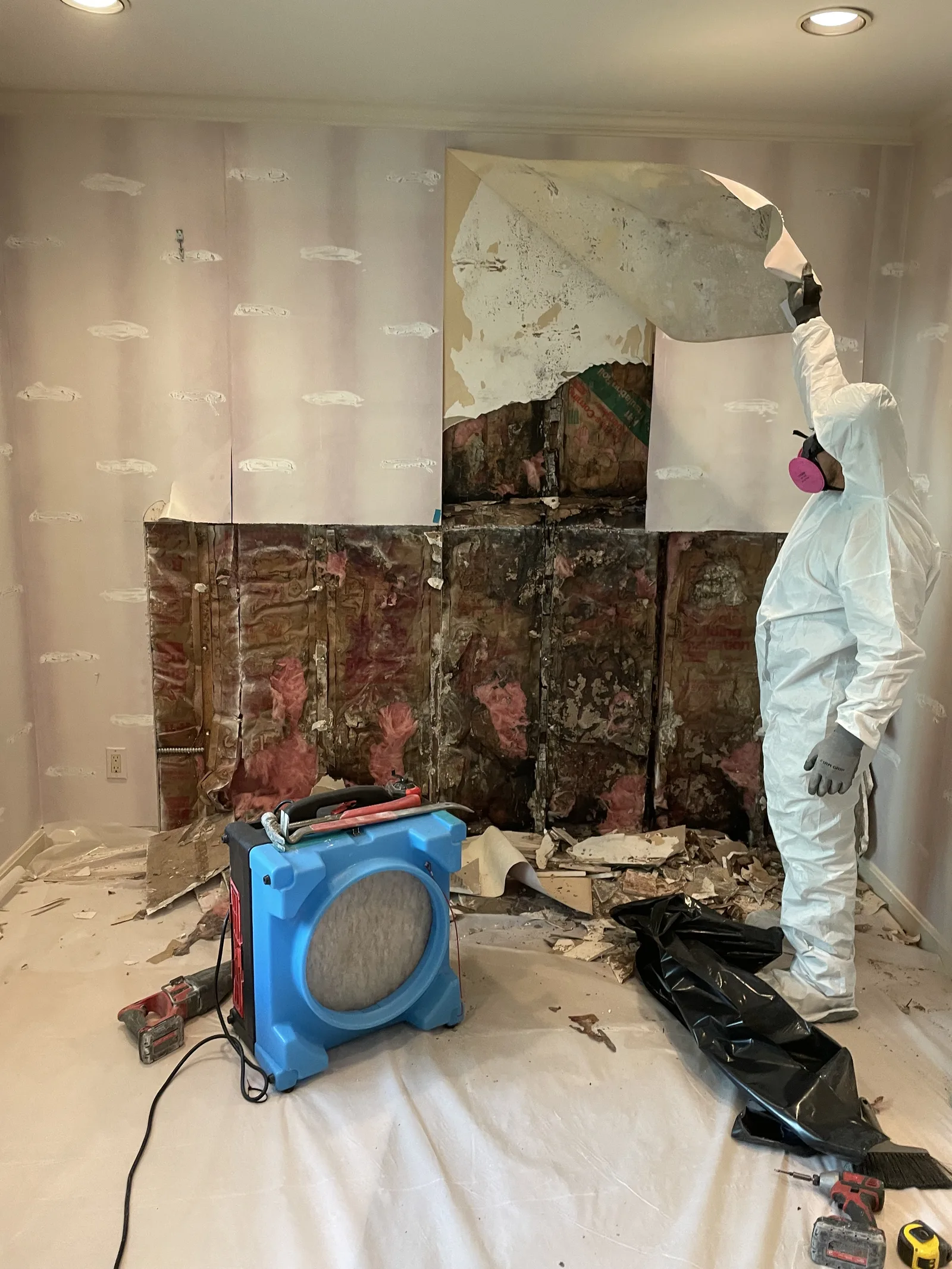 A worker in a protective suit pulling back wall covering to expose rotted wood