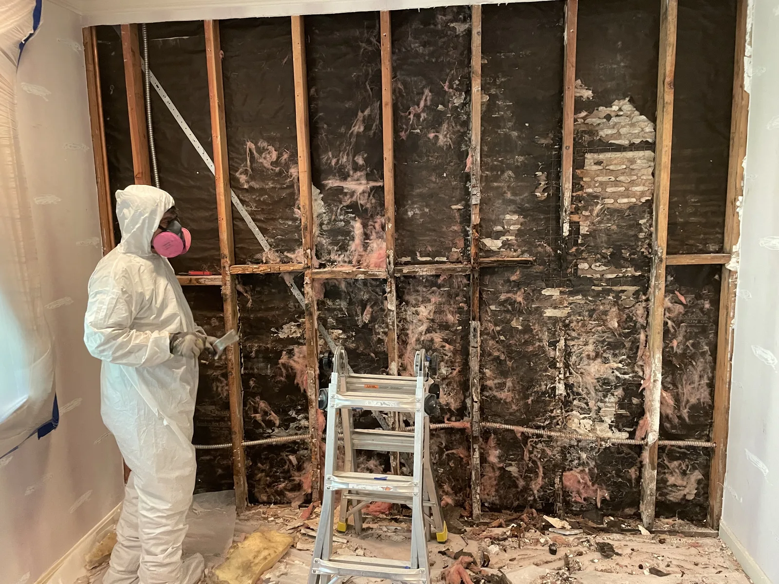 A wall opened from floor to ceiling, with mold across the framing and brick visible behind it