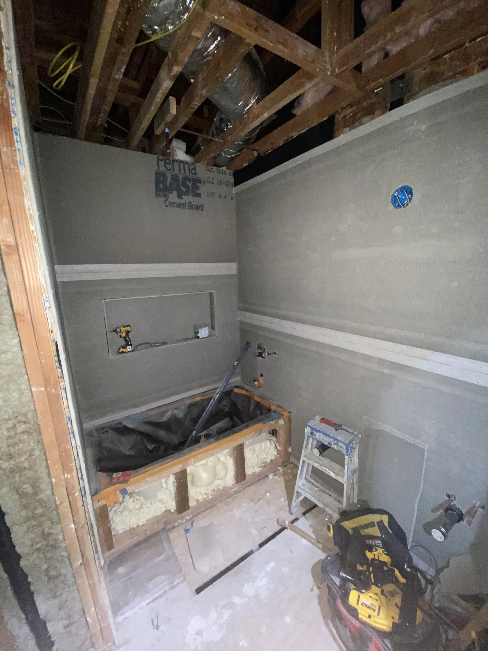 A second bathroom with the same cement board shower walls installed