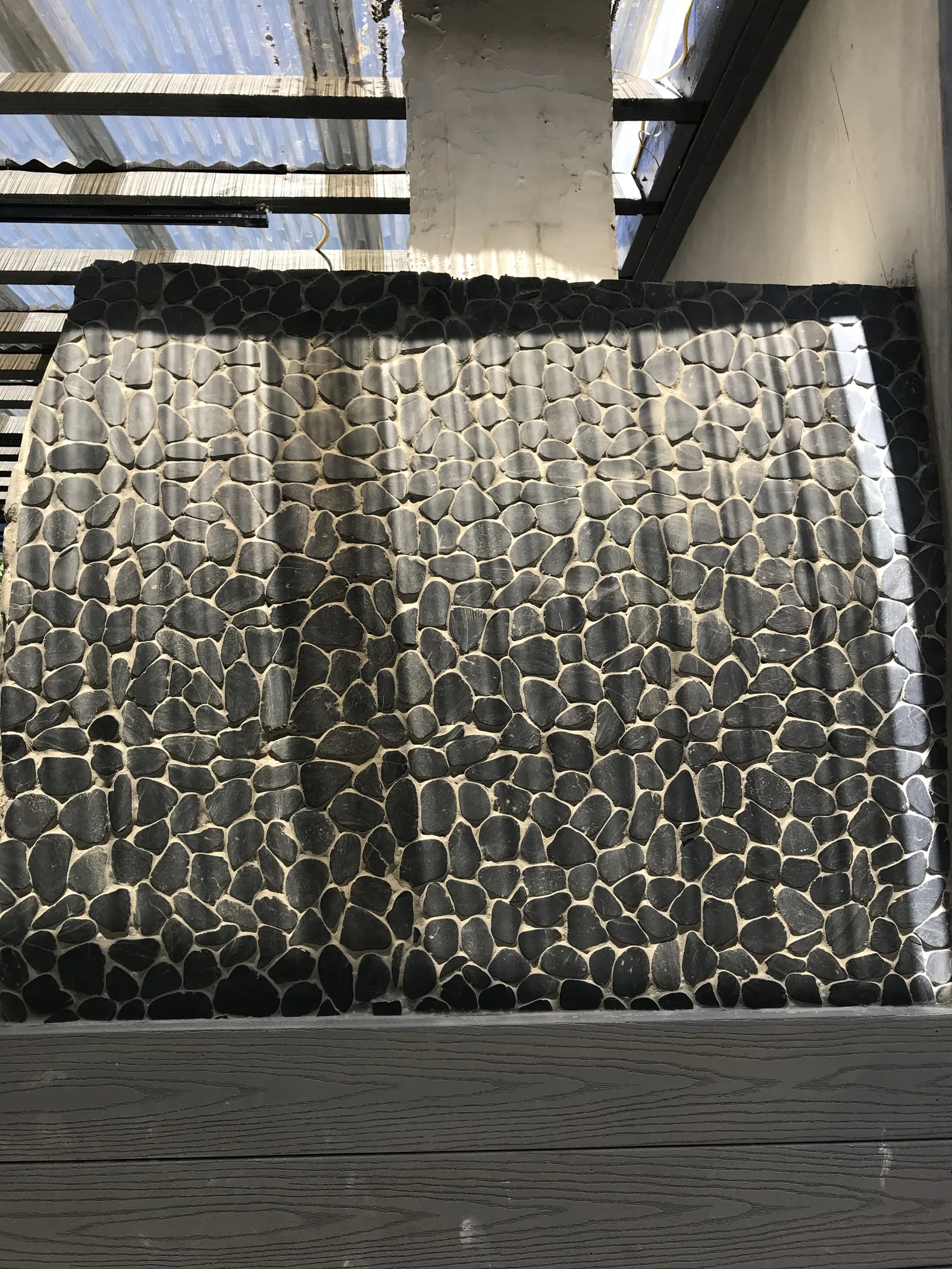 A close view of river rock facing
