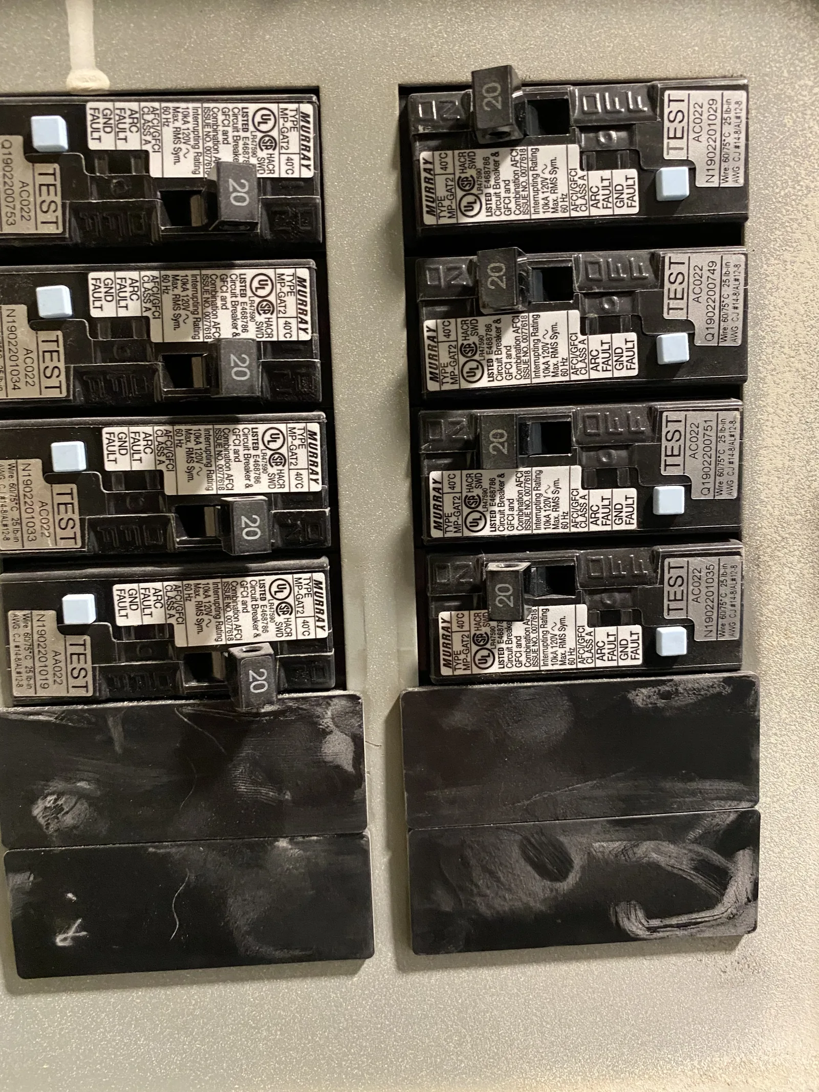 The new electrical panel fitted with combination arc-fault and ground-fault breakers