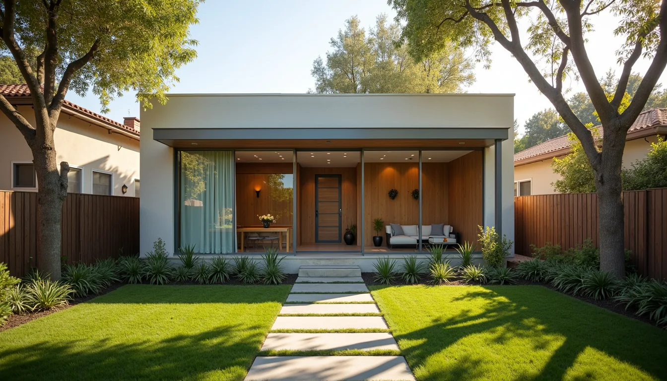 A single-story modern ADU with full-height glass in a landscaped backyard