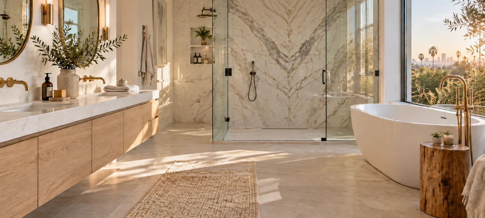 A bathroom with a book-matched marble shower, a freestanding tub, and an oak vanity