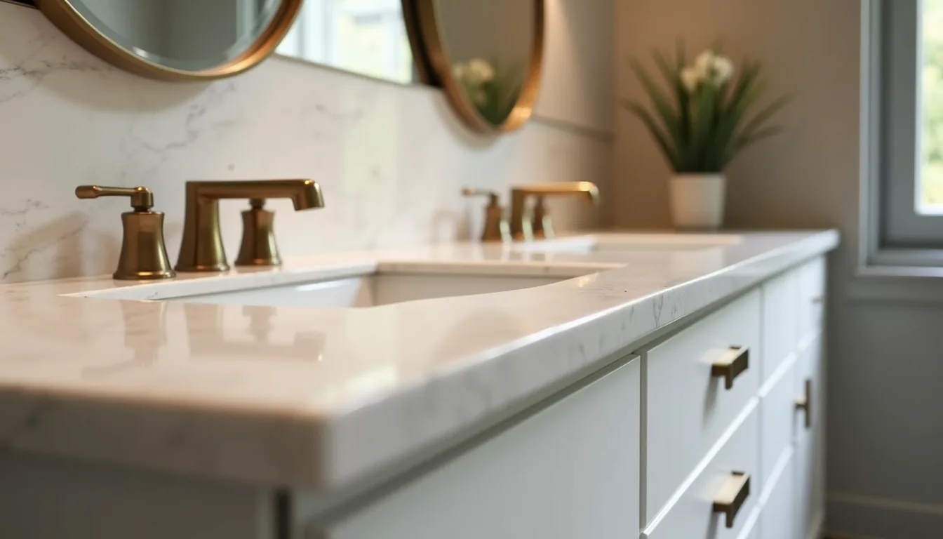A marble double vanity with brushed brass faucets