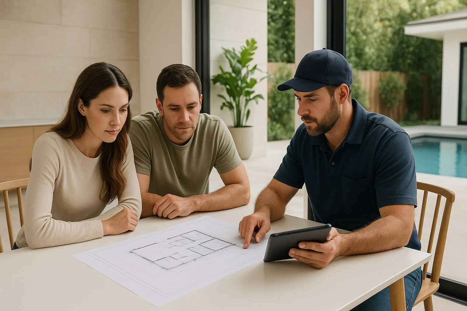 A contractor reviewing blueprints with two clients at an outdoor table