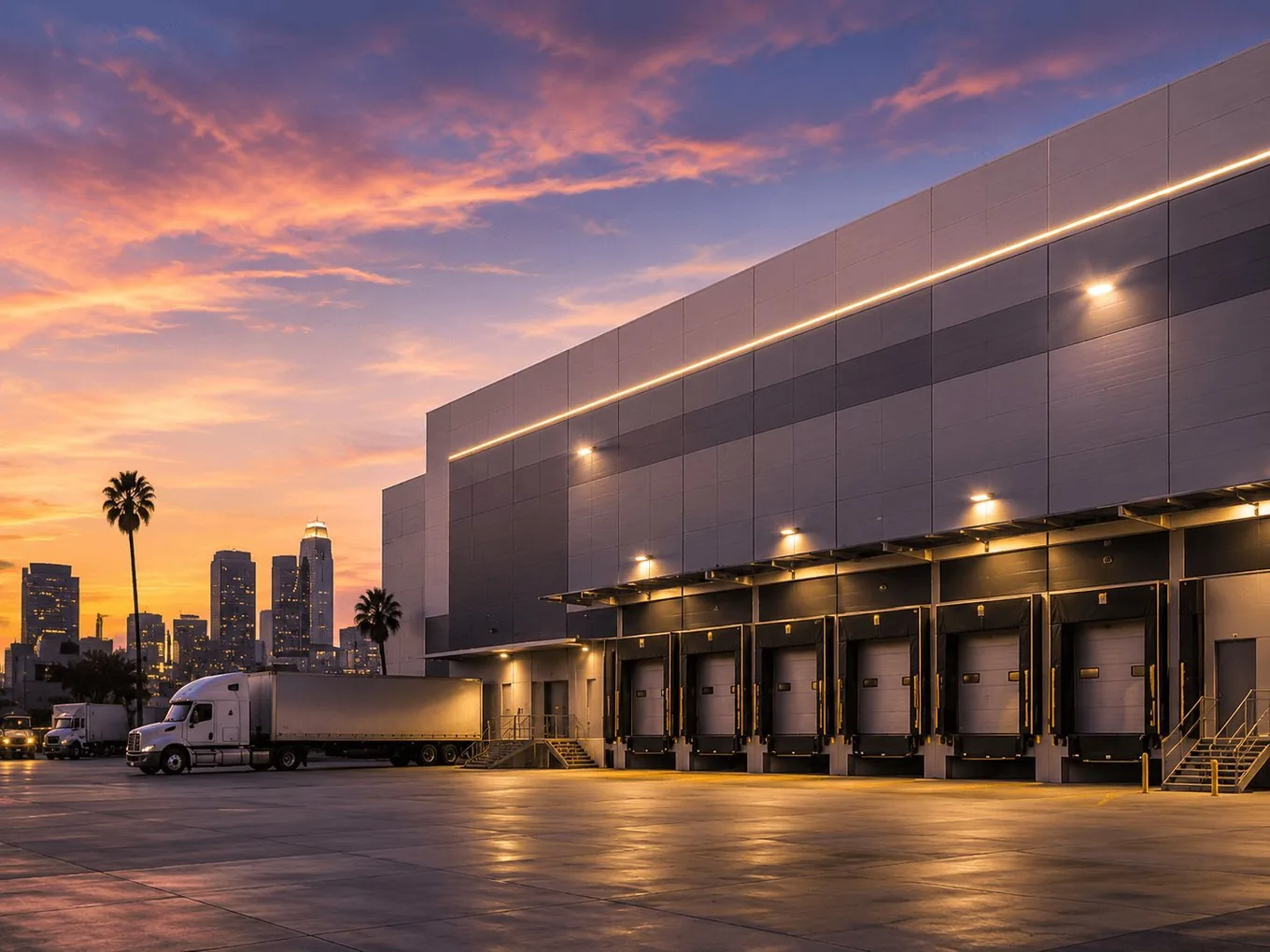 An industrial warehouse with loading docks at dusk
