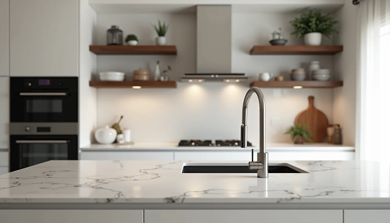 A marble island with an undermount sink and walnut cabinetry beyond