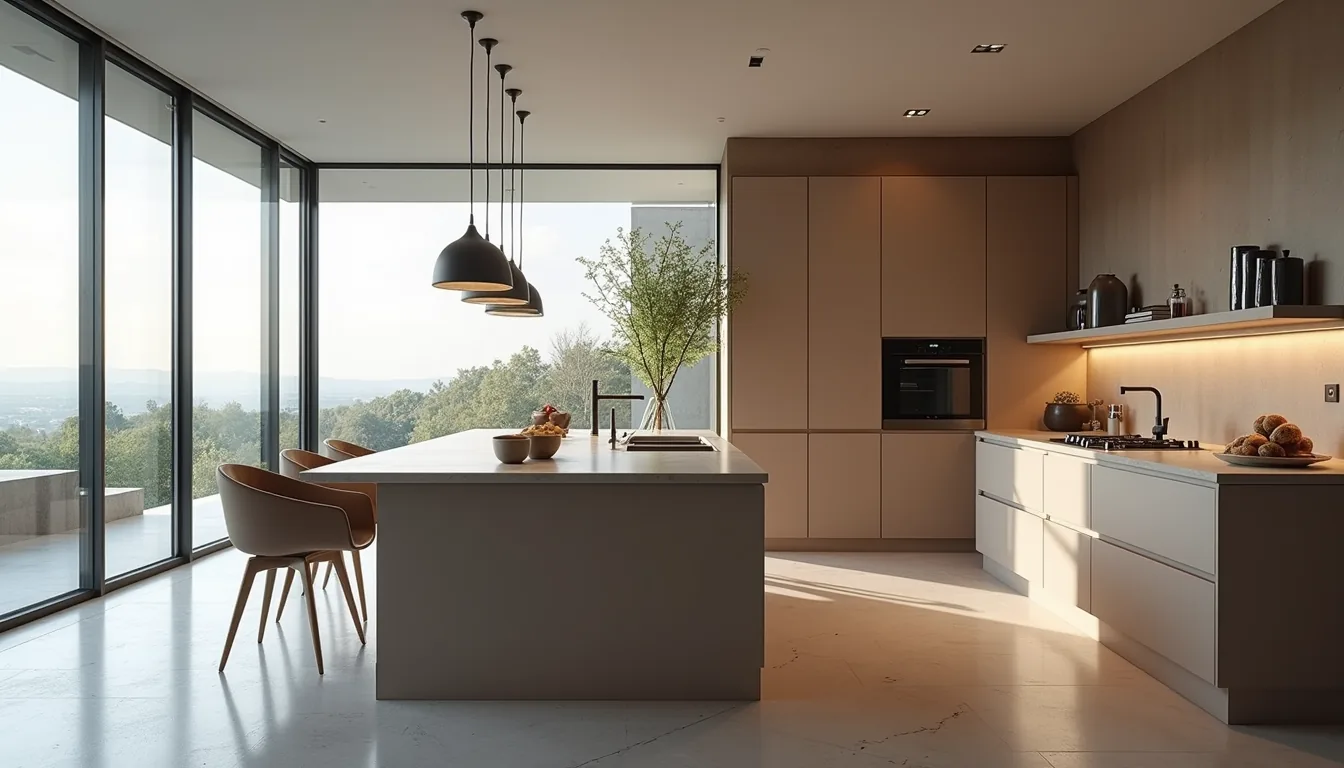 A light kitchen with a stone island, pendant lights, and full-height glass