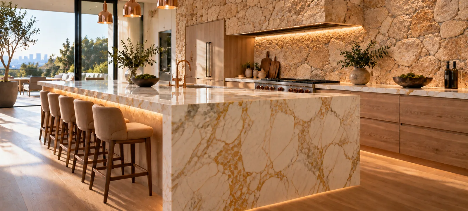 A kitchen with a stone feature wall, a marble waterfall island, and copper pendants