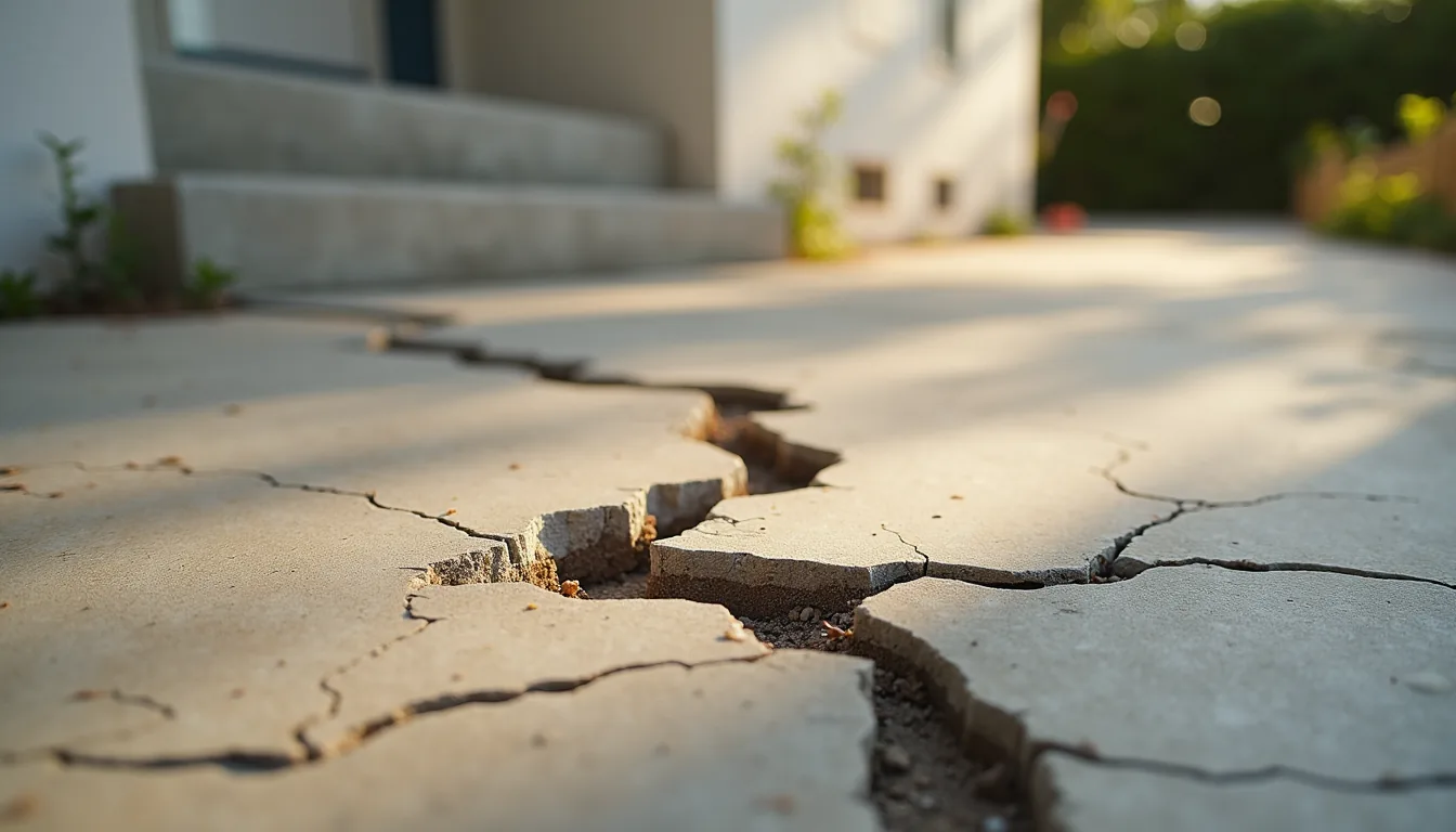 A concrete walkway cracked and heaved by settlement