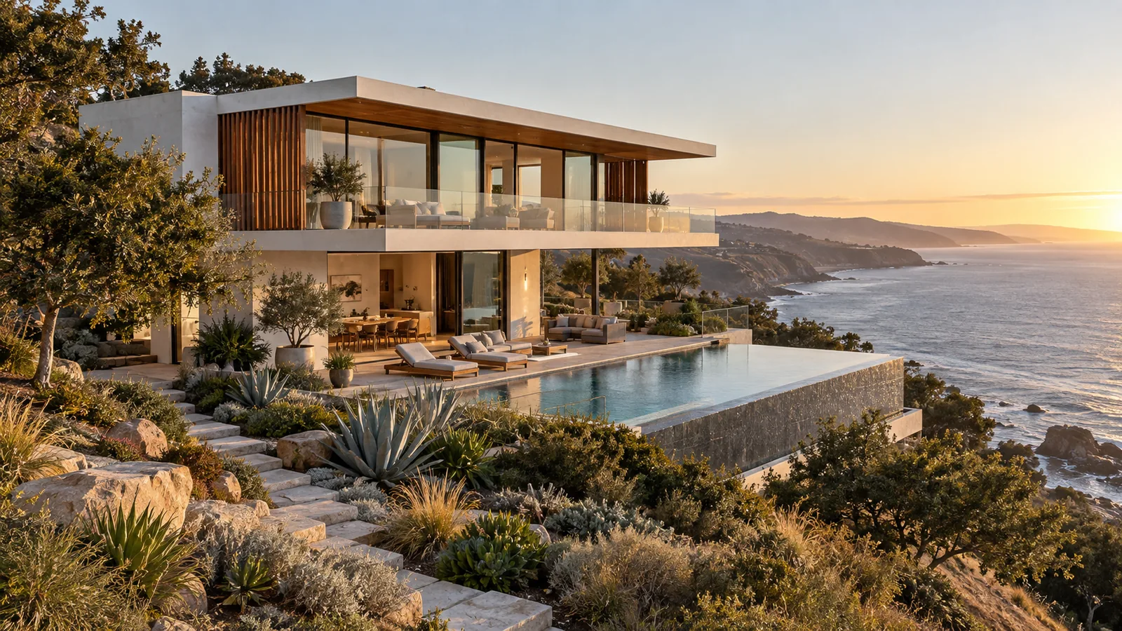 A modern hillside home with an infinity pool above a rocky coastline at sunset