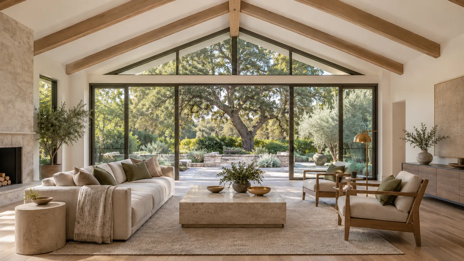 A vaulted living room with exposed beams and a glass wall opening to a garden